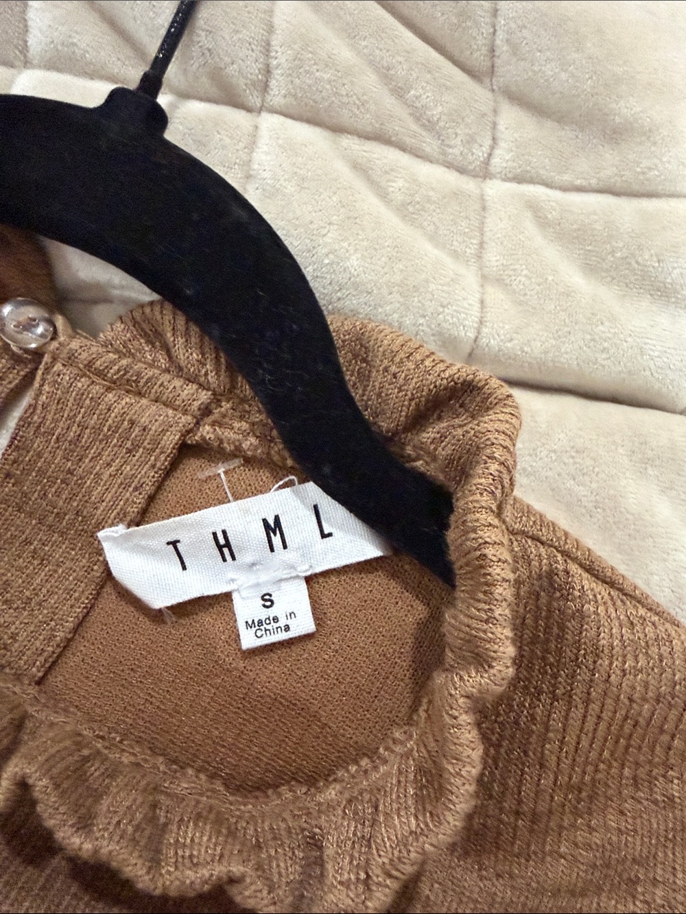 THML Camel Puff Sleeve Ruffle Neck Knit Top - Picture 2 of 4